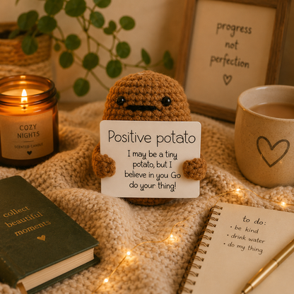Crocheted potato figure holding a sign with motivational text, surrounded by cozy items like a candle, mug, and notebook.