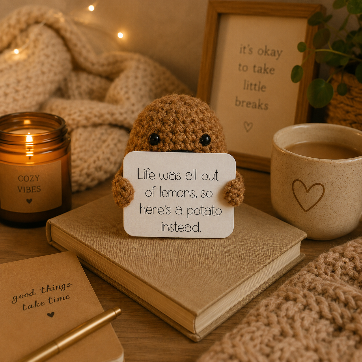 Crocheted potato character holding a sign with humorous text, surrounded by cozy items like a lit candle and mug.