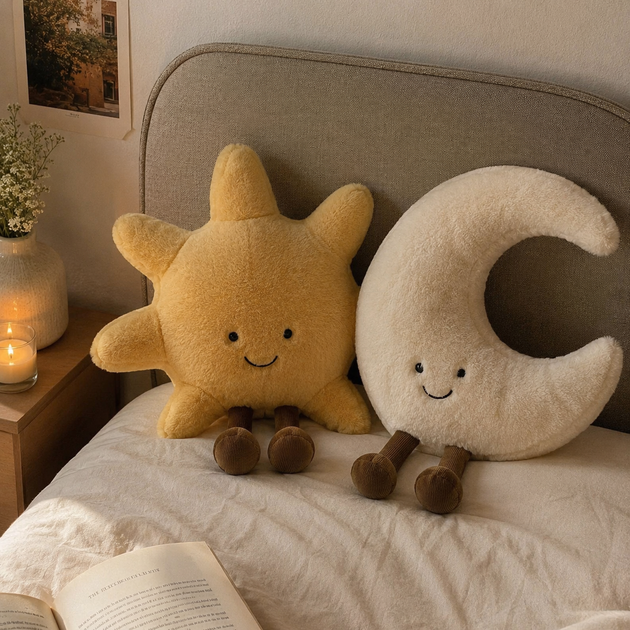 Sun and moon plush toys on a bed with a warm and cozy atmosphere.