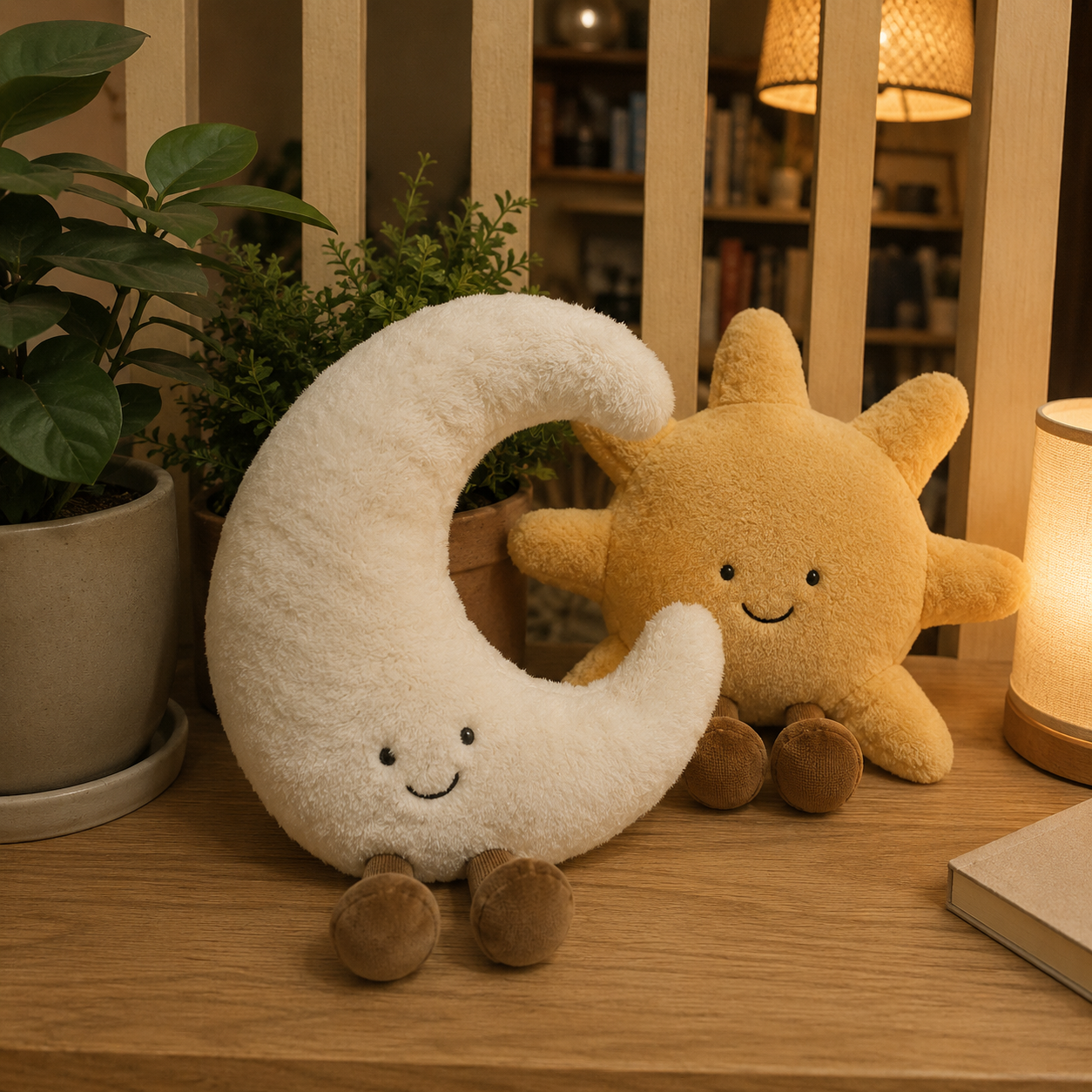 Plush moon and star toys on a wooden surface with a warm, indoor setting.