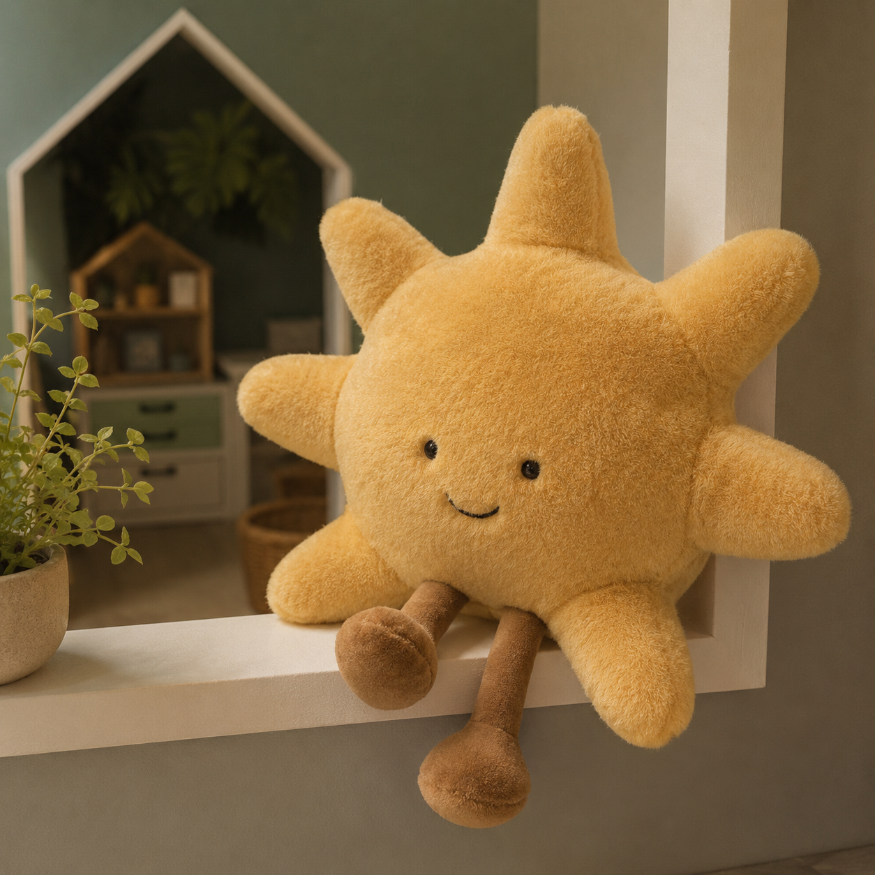 Plush sun toy on a shelf with a cozy indoor background