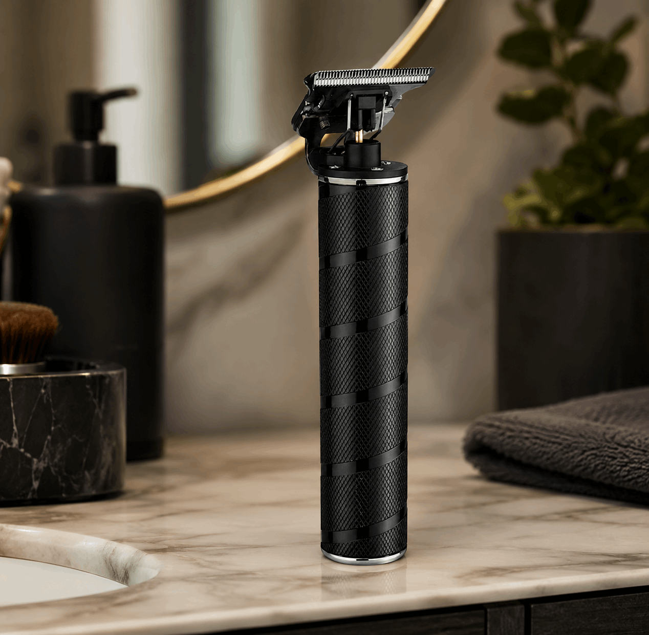 Black electric shaver on a marble countertop with bathroom items in the background