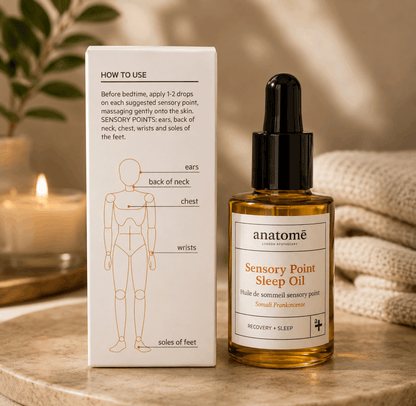 Anatomé Sensory Point Sleep Oil bottle with packaging on a wooden surface.