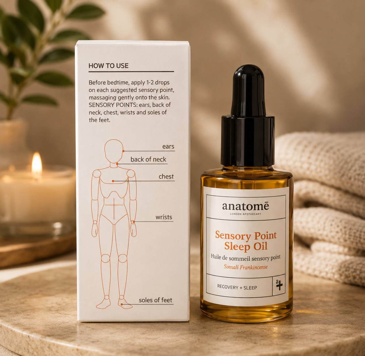 Anatomé Sensory Point Sleep Oil bottle with packaging on a wooden surface.