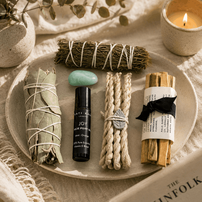 Collection of wellness items including sage, Palo Santo, and essential oil on a plate with a candle in the background.