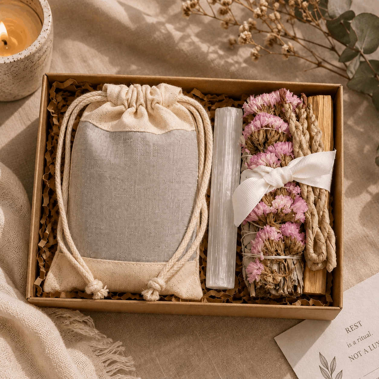 Gift set with a drawstring bag, crystal, and dried flowers in a box on a soft surface.