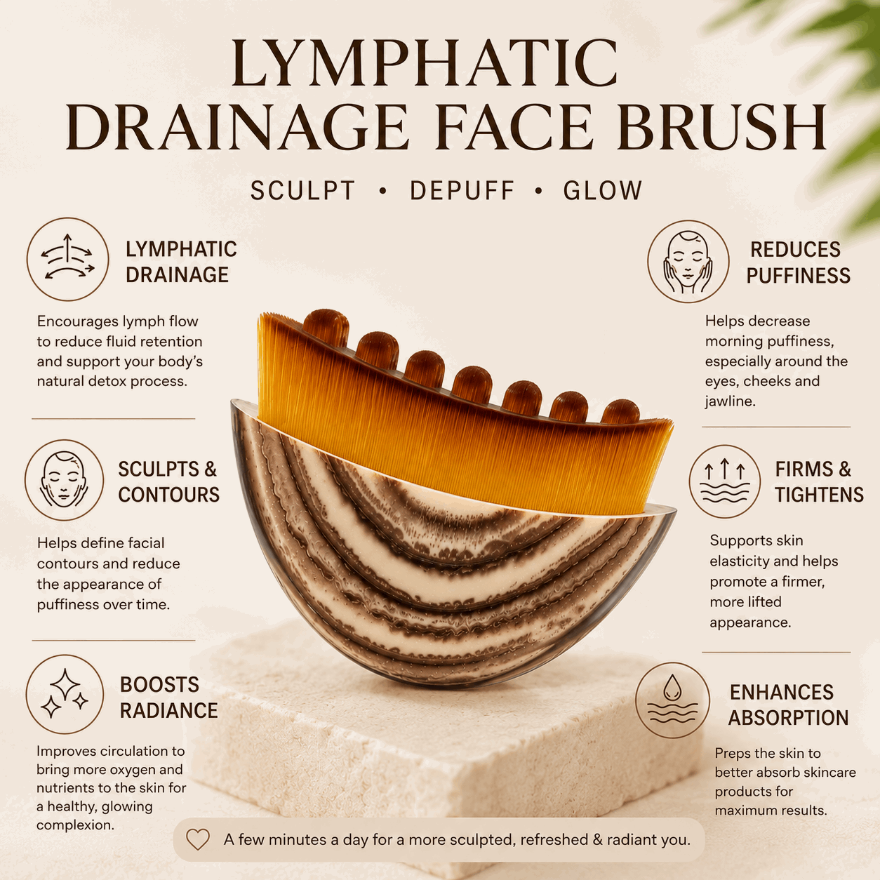 Lymphatic drainage face brush with benefits listed on a beige background