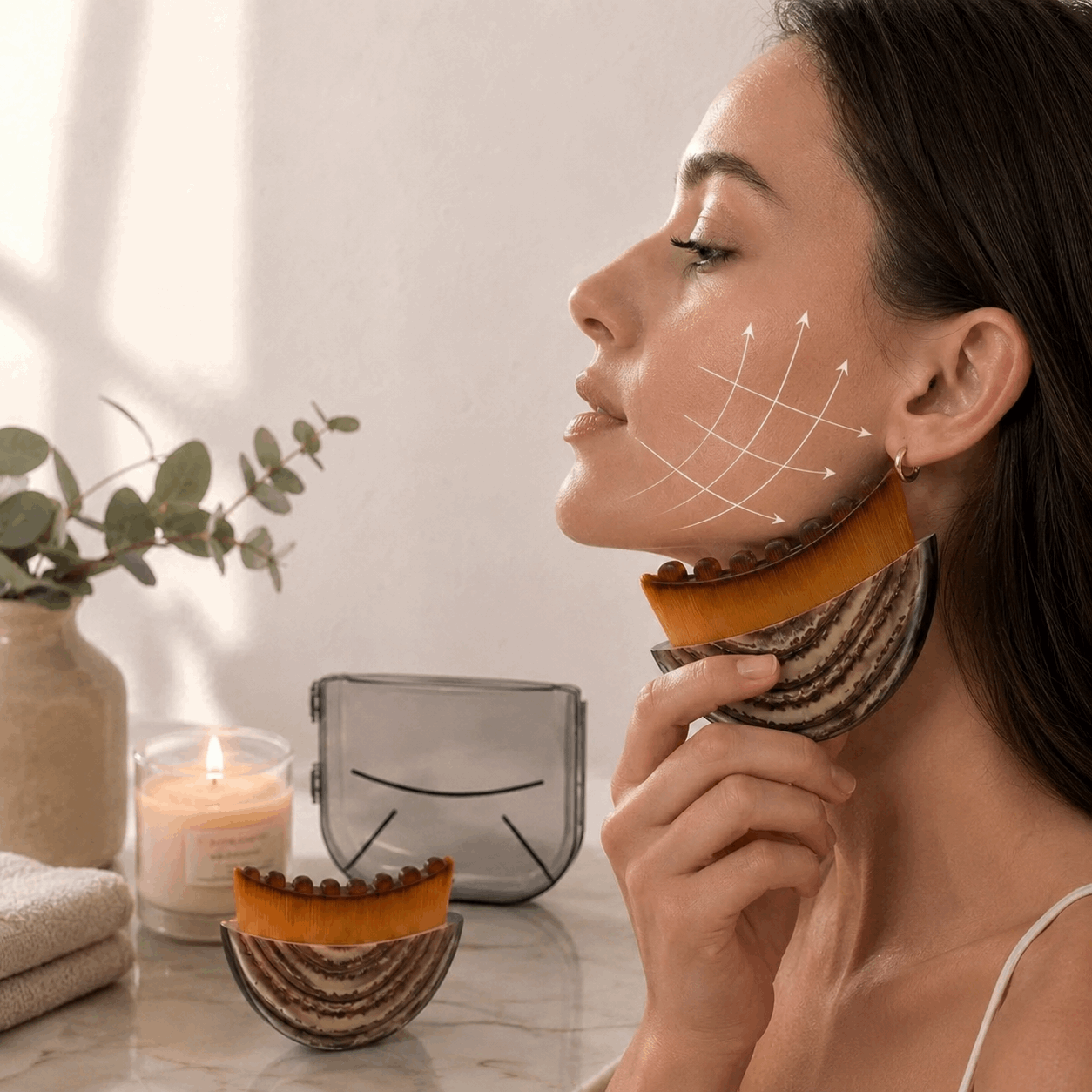 Woman applying a facial mask with a decorative bowl and candle in the background