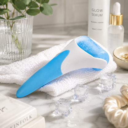 Blue and white skin care tool on a marble surface with skincare products and a plant in the background.