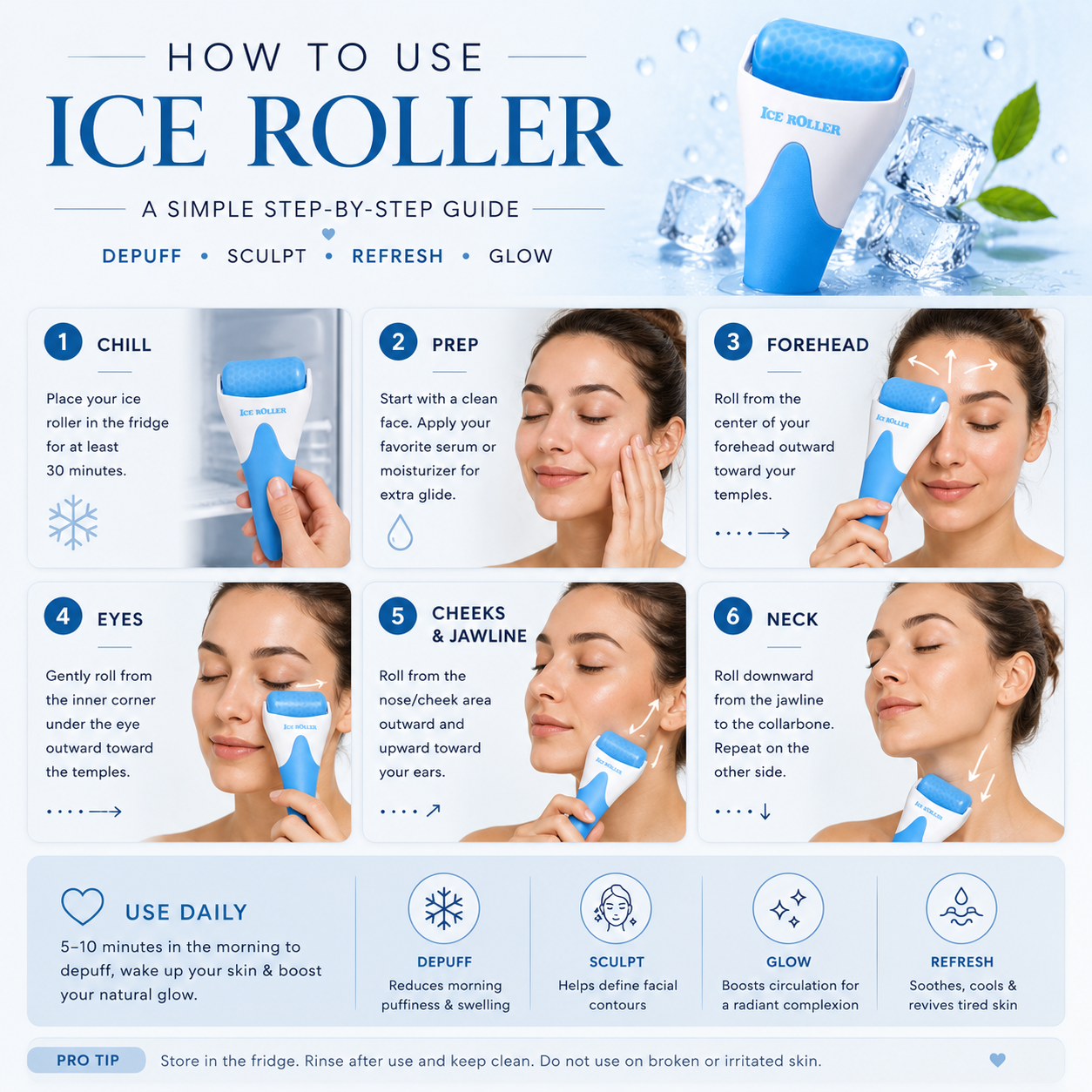 Step-by-step guide on how to use an ice roller for facial care.