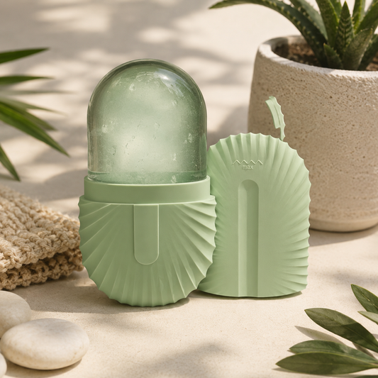 Green silicone product with a textured surface on a light background with plants