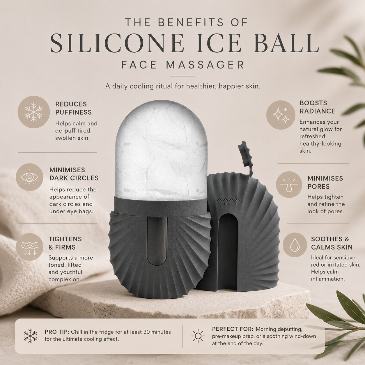 Silicone ice ball face massager with benefits listed on a neutral background