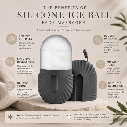 Silicone ice ball face massager with benefits listed on a neutral background