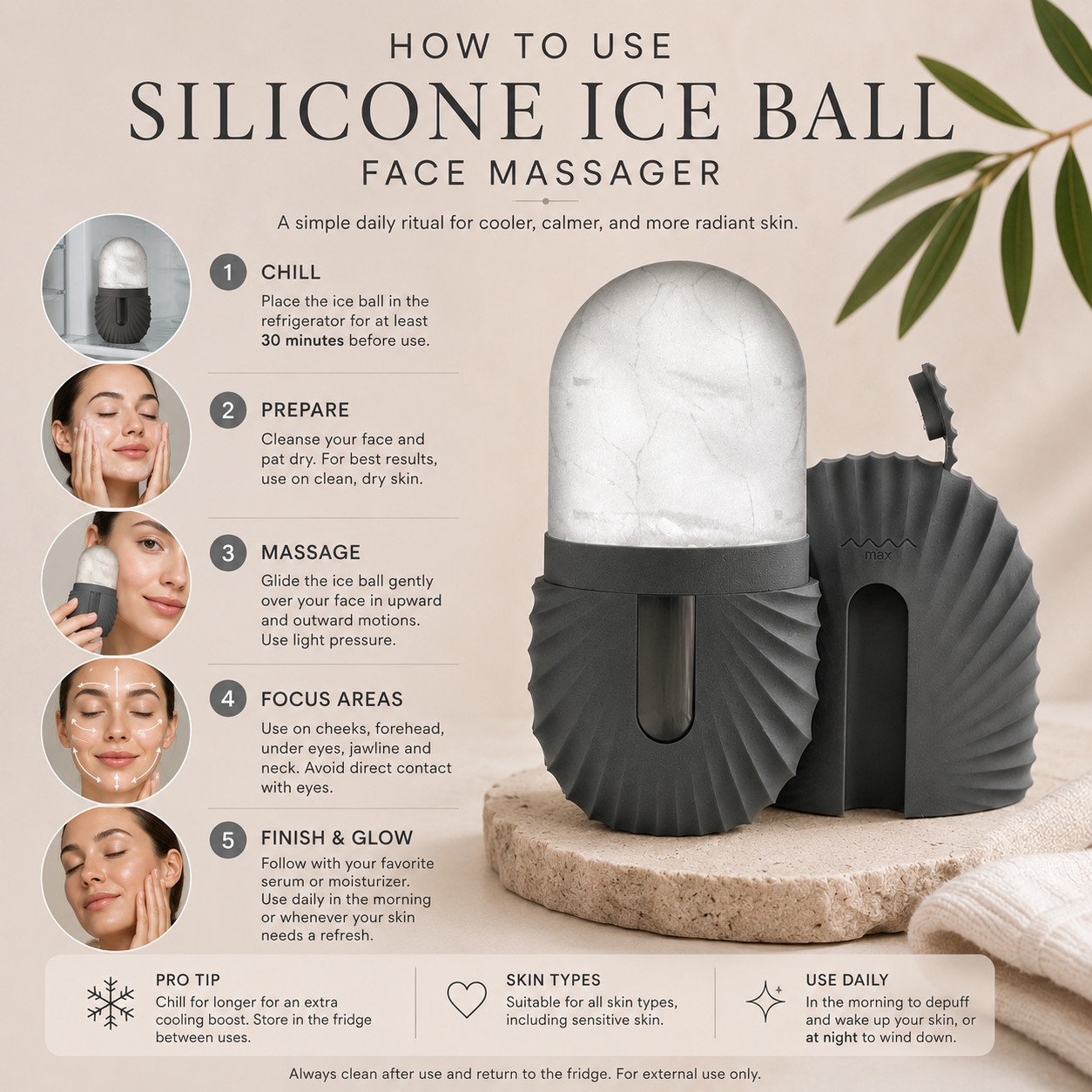 Silicone ice ball face massager with usage instructions on a beige background