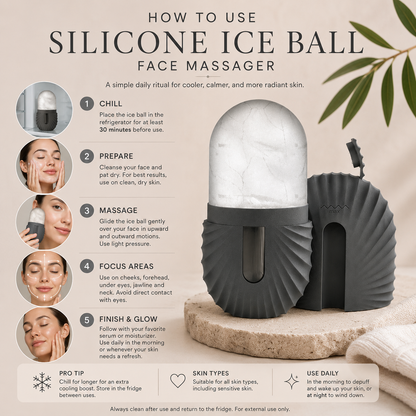 Silicone ice ball face massager with usage instructions on a beige background