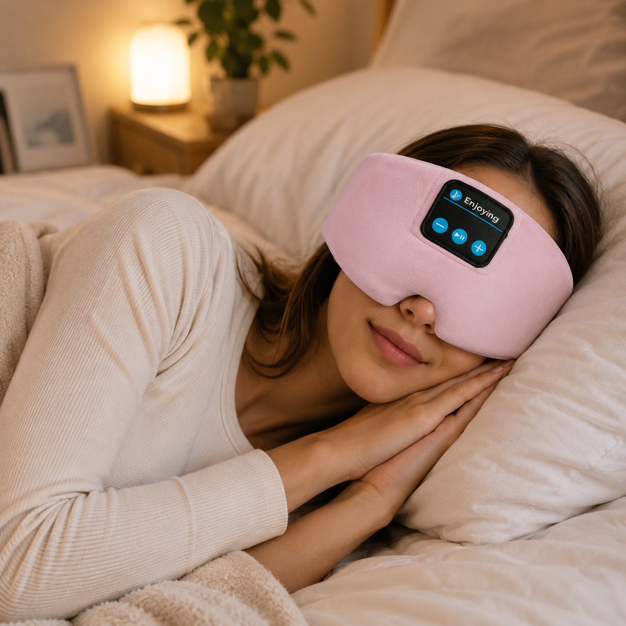Woman wearing a pink sleep mask with control buttons in bed.