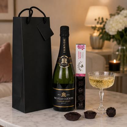 Bottle of Nicolas Courtein champagne with a glass, chocolates, and a black gift bag on a marble surface.