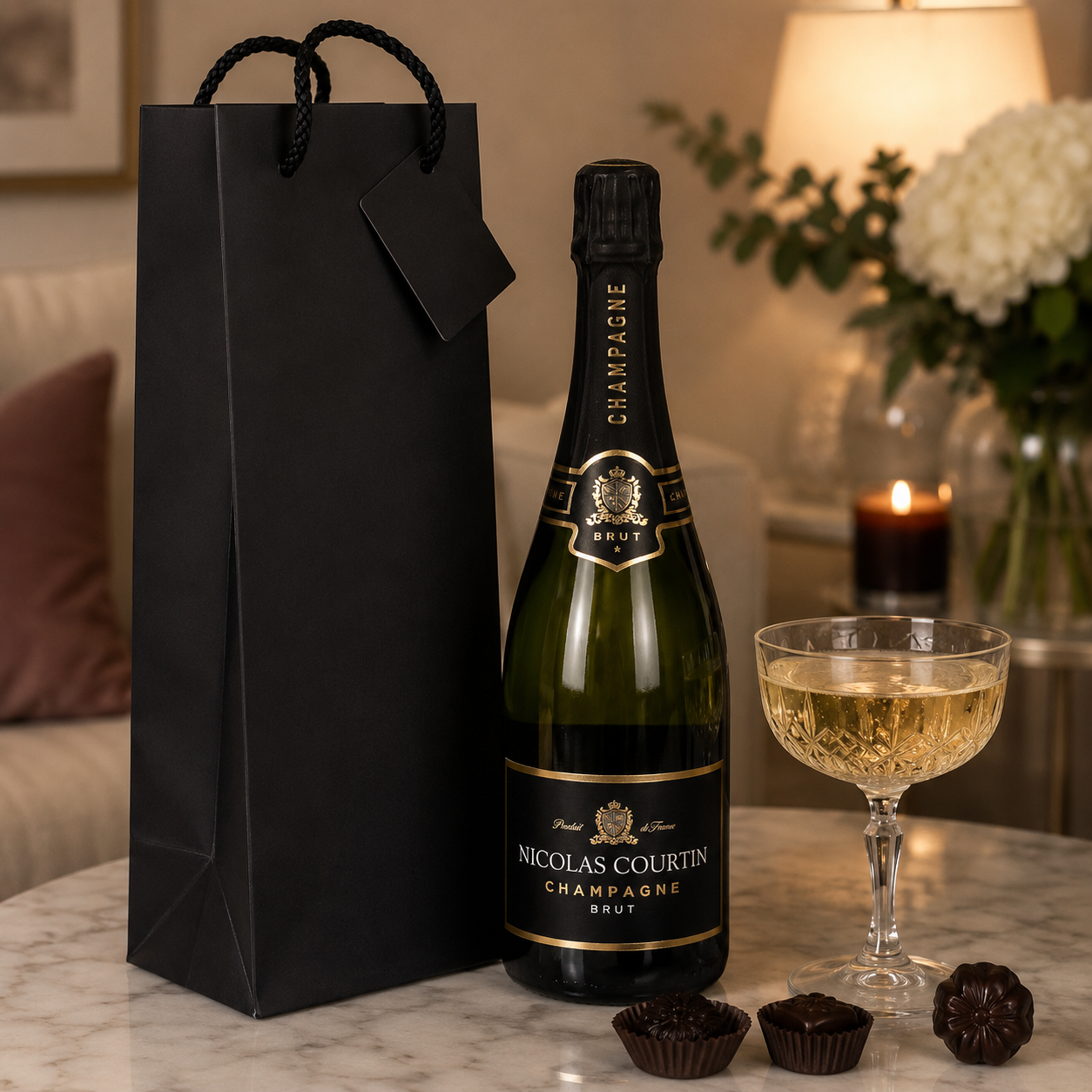 Bottle of Nicolas Courtin champagne with a glass and chocolate truffles on a marble surface.