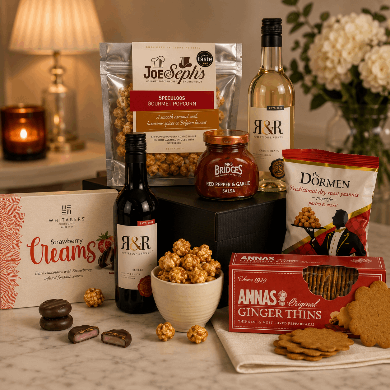 Assorted snacks and drinks on a table with a warm, cozy ambiance.