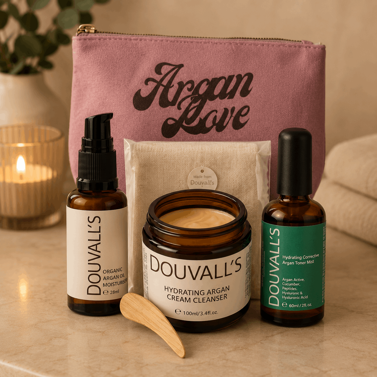 Douvall's skincare products including cream, bottles, and pouch on a neutral background