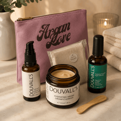 Douvall's skincare products including a jar, bottles, and a pouch on a neutral background.