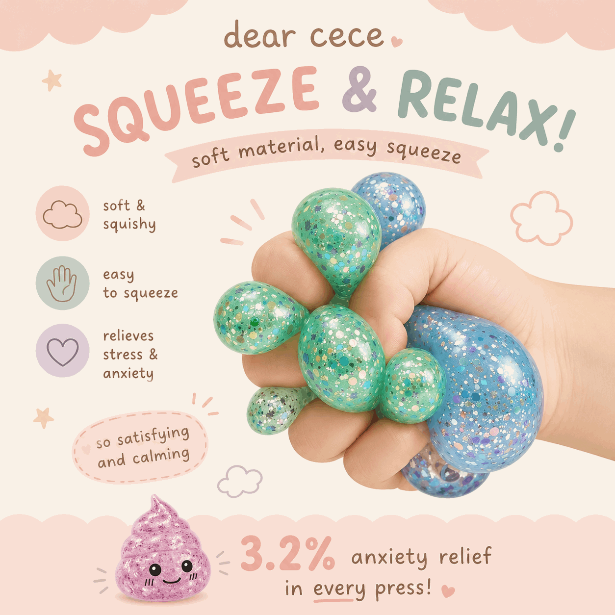 info on Glitter Poo Squishy Stress Ball Funny Stretch Fidget Toy