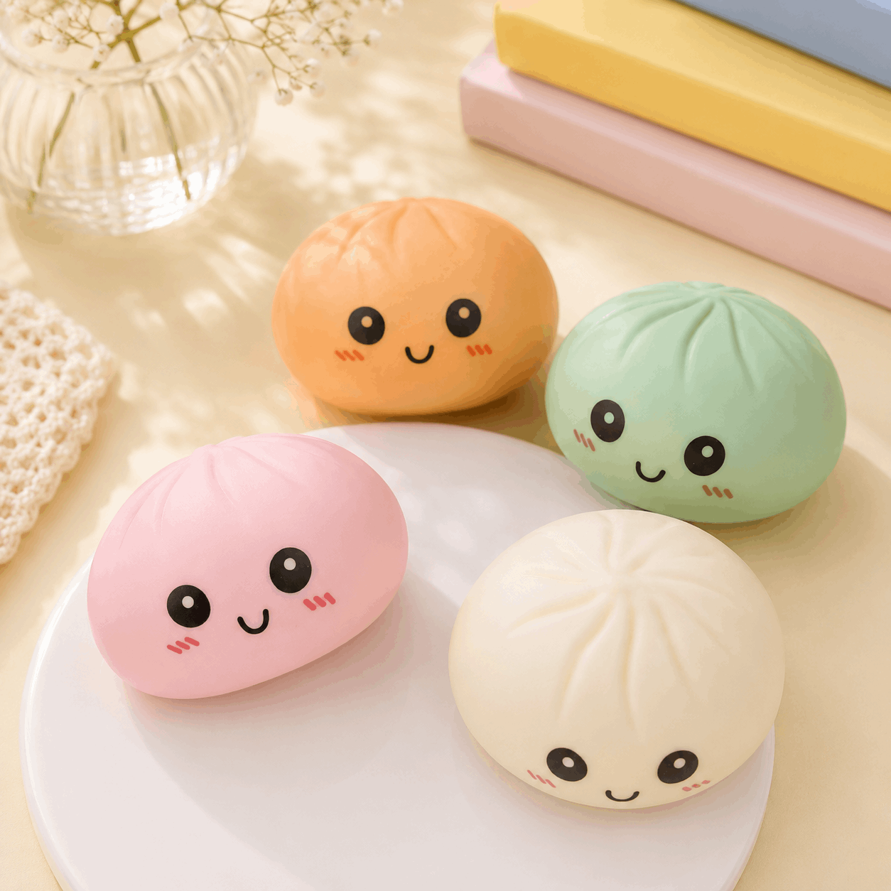 Four colorful squishy toys with face designs on a light background