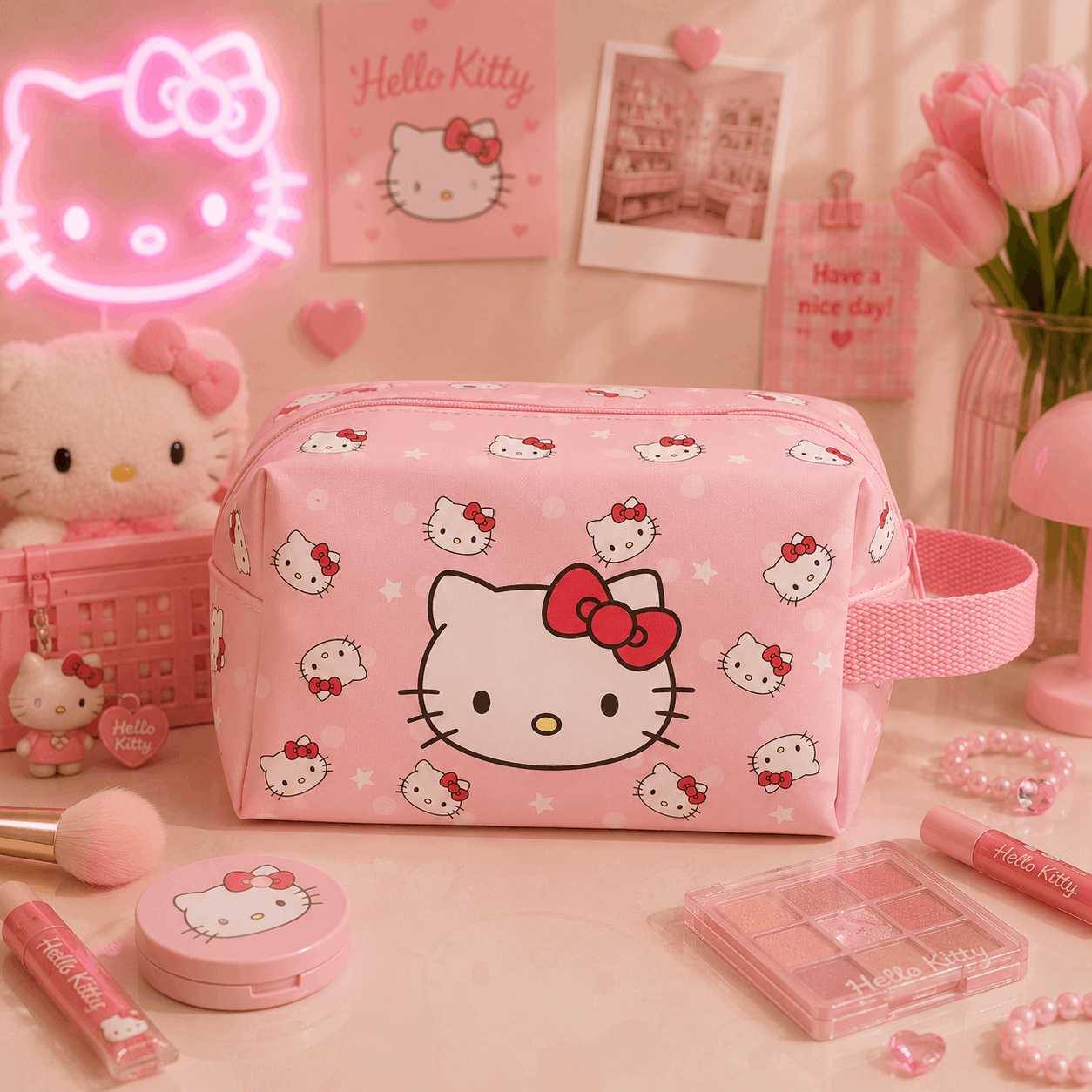 Hello Kitty-themed cosmetic bag and accessories on a pink background with neon sign and tulips.