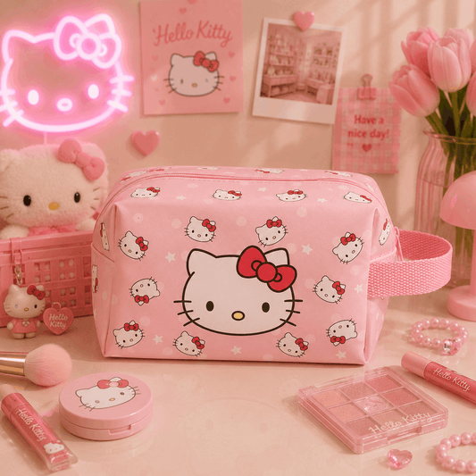 Hello Kitty-themed cosmetic bag and accessories on a pink background with neon sign and tulips.