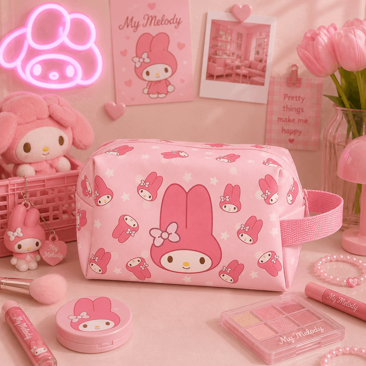Pink cosmetic bag with character design on a pink background with toys and decor.