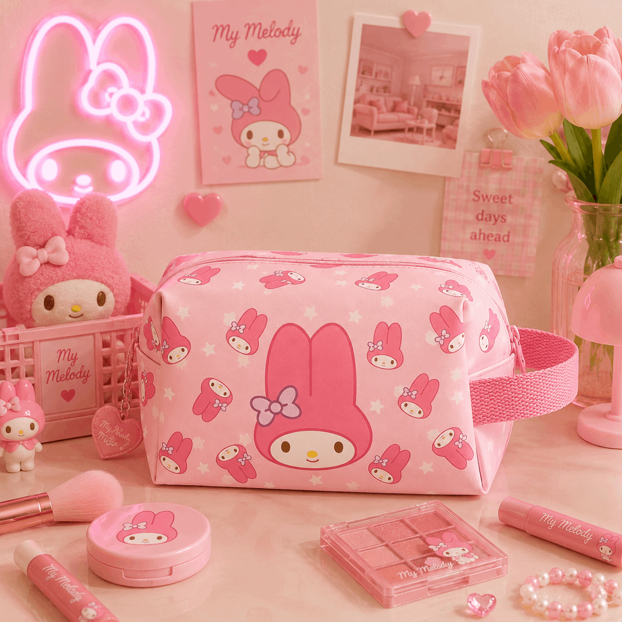 Pink cosmetic bag with character design on a pink-themed desk with decor items.