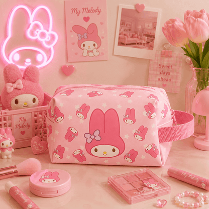 Pink cosmetic bag with character design on a pink-themed desk with decor items.