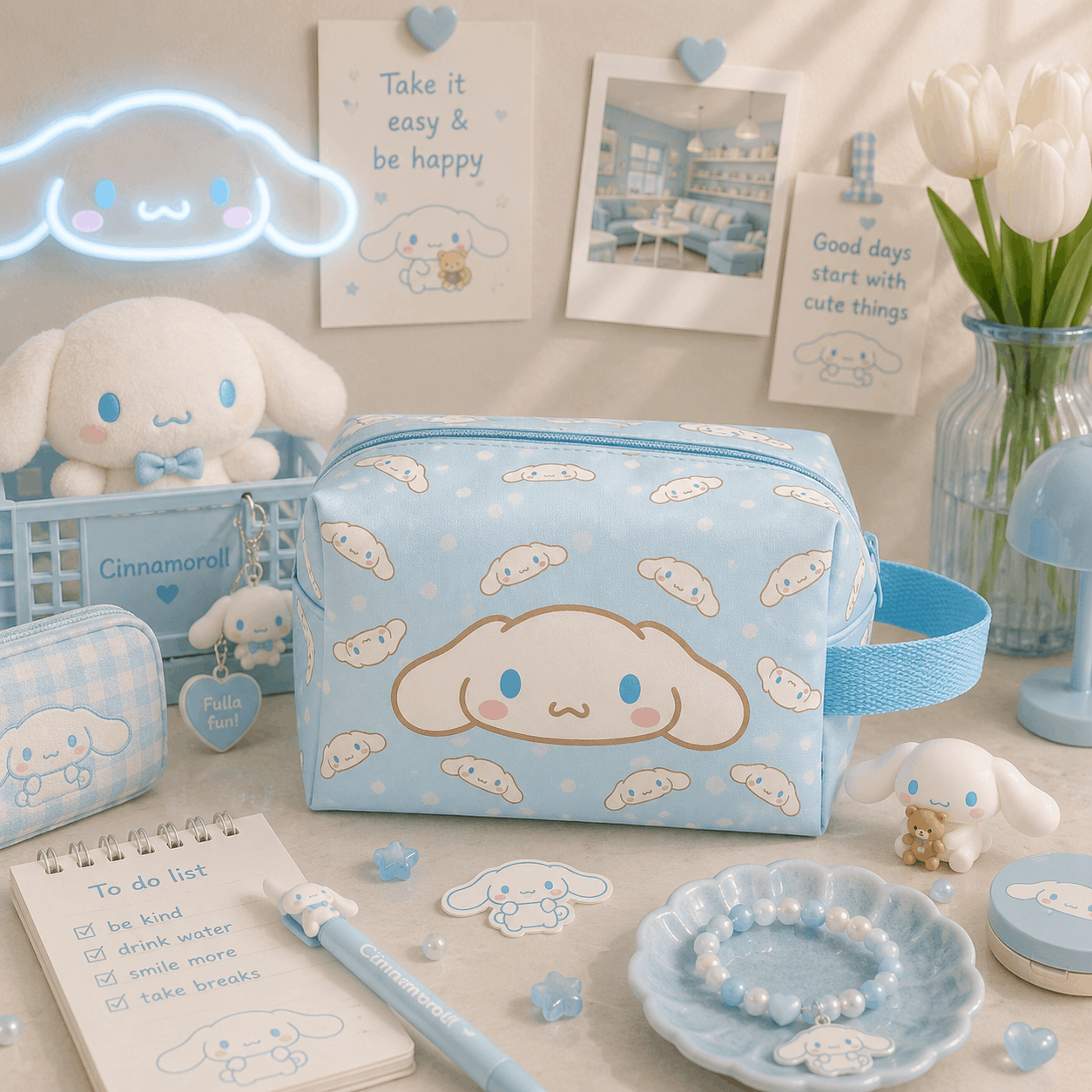 Cute stationery set with Cinnamoroll design on a desk.