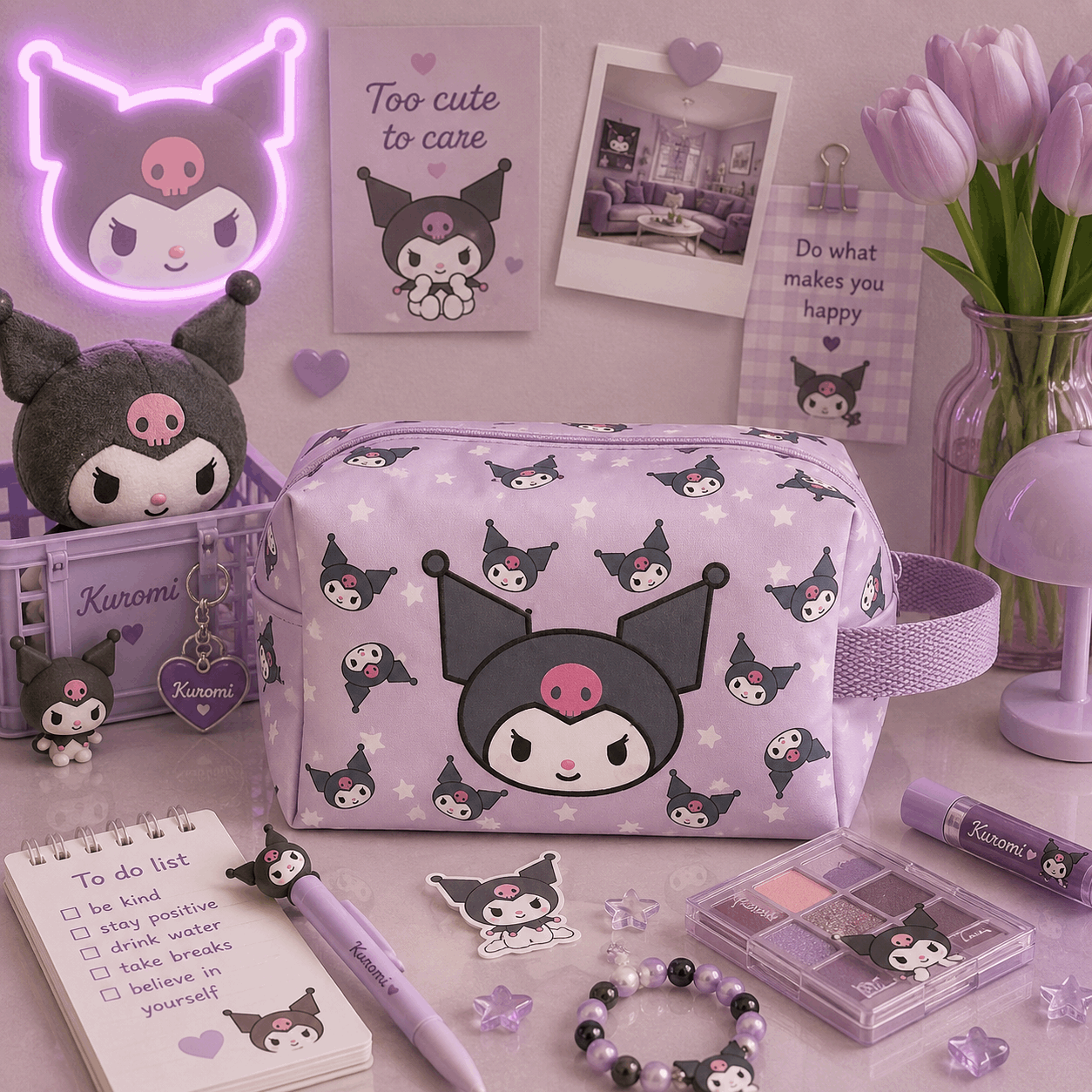 Kuromi-themed stationery set on a desk with decorative items.