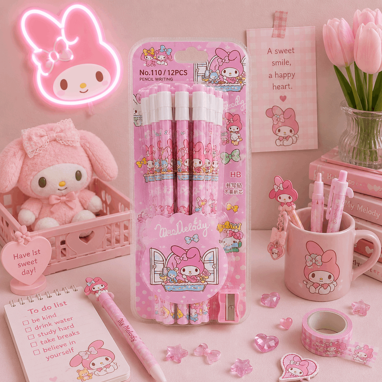 Pink stationery set with My Melody characters on a pink background