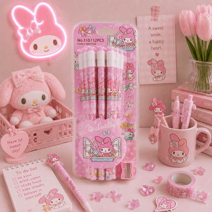 Pink stationery set with My Melody characters on a pink background