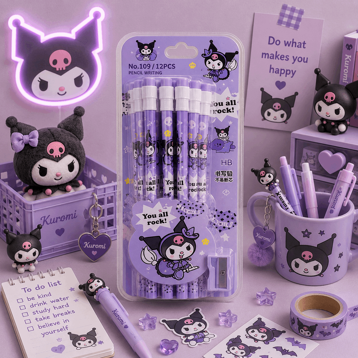 Purple stationery set with Kuromi character-themed items on a matching purple background.