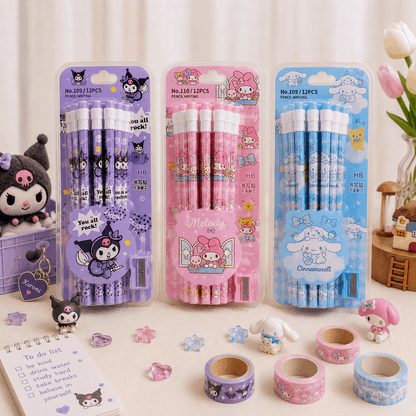 Three packages of pencils with cartoon characters on a table with stationery items.