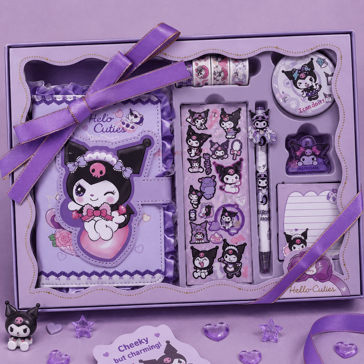 Kawaii stationery set with a purple bow in a box, featuring cartoon characters and stationery items.