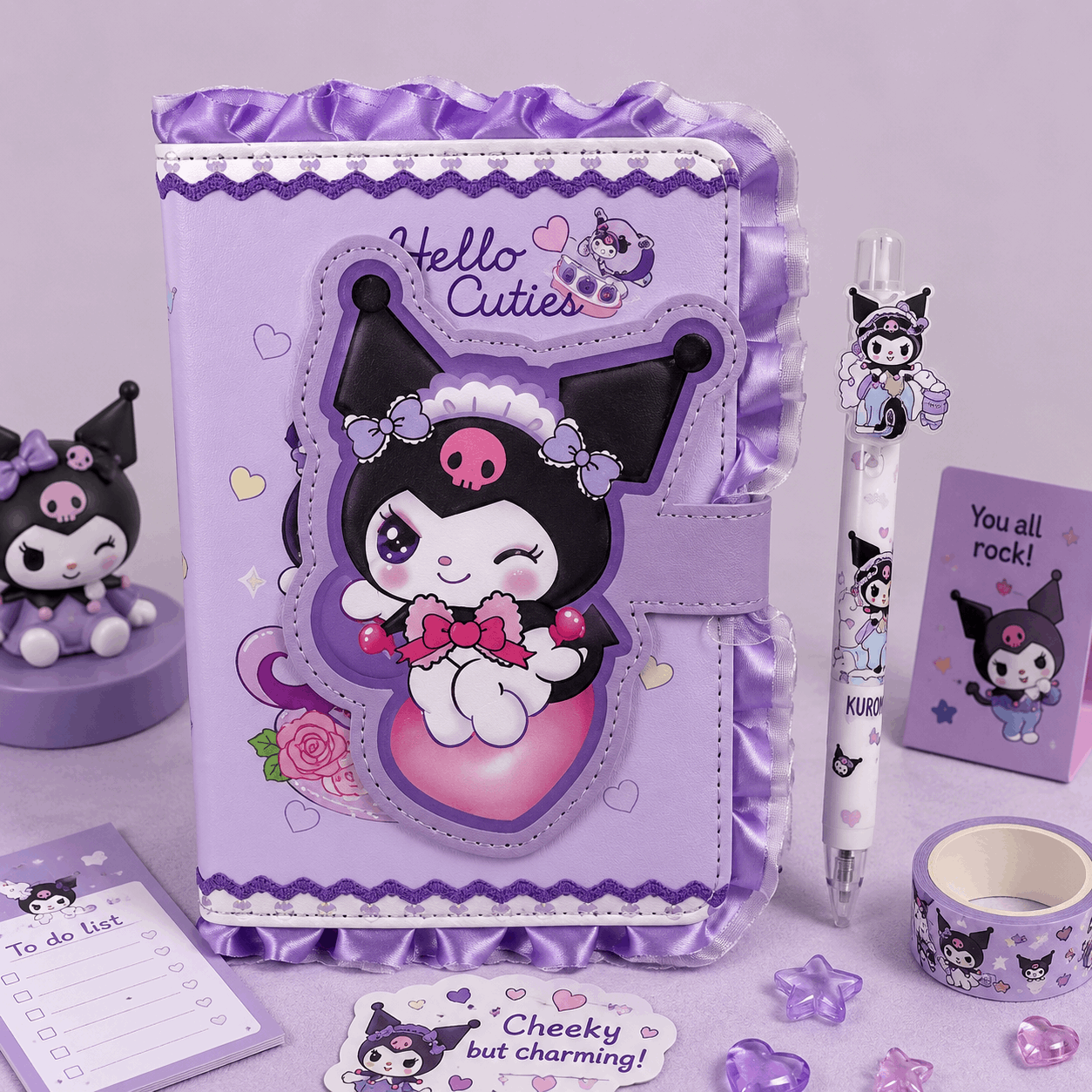 Purple stationery set with cartoon character on a light purple background