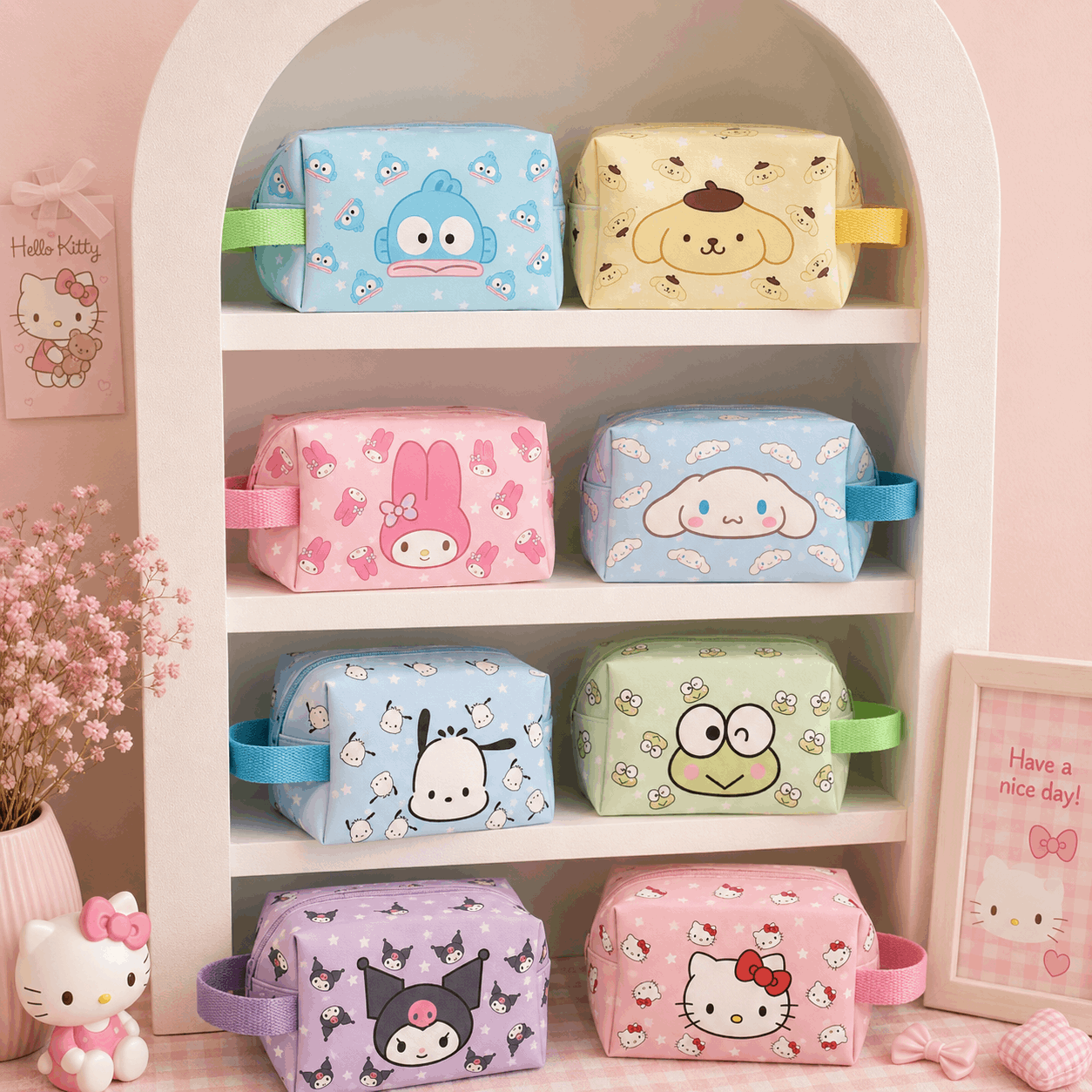 Set of colorful pouches with cartoon designs on a shelf.