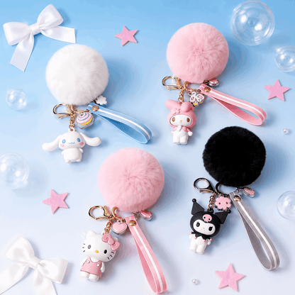 Collection of cute keychains with cartoon characters on a light blue background