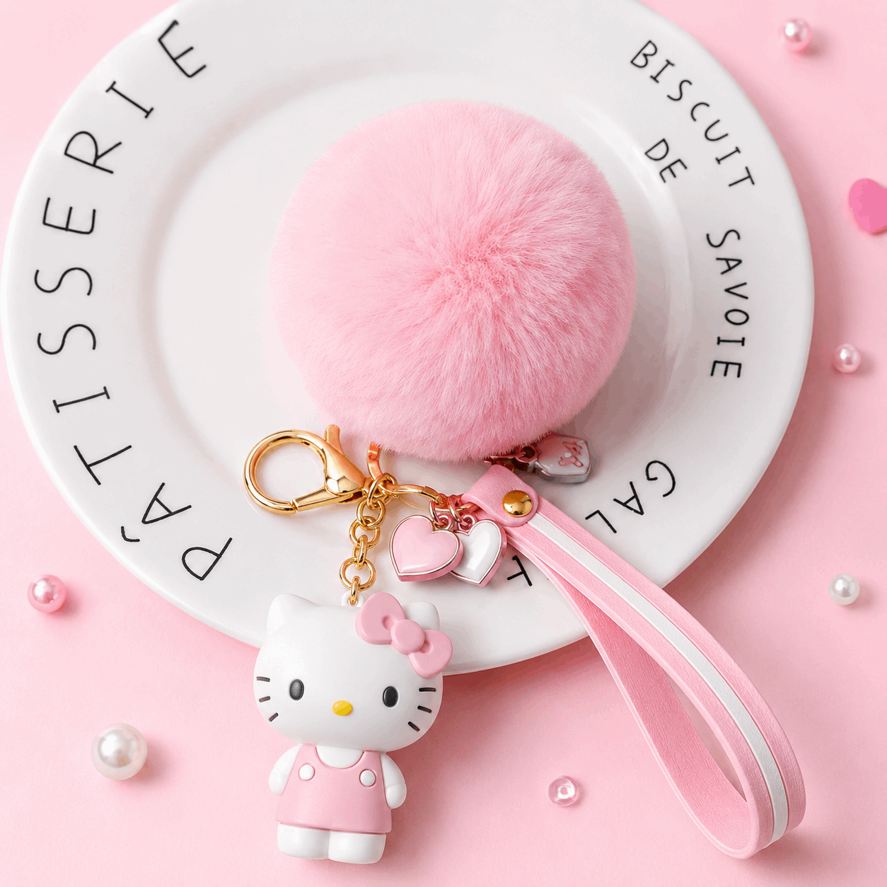 Hello Kitty keychain with pink pom-pom on a pink background