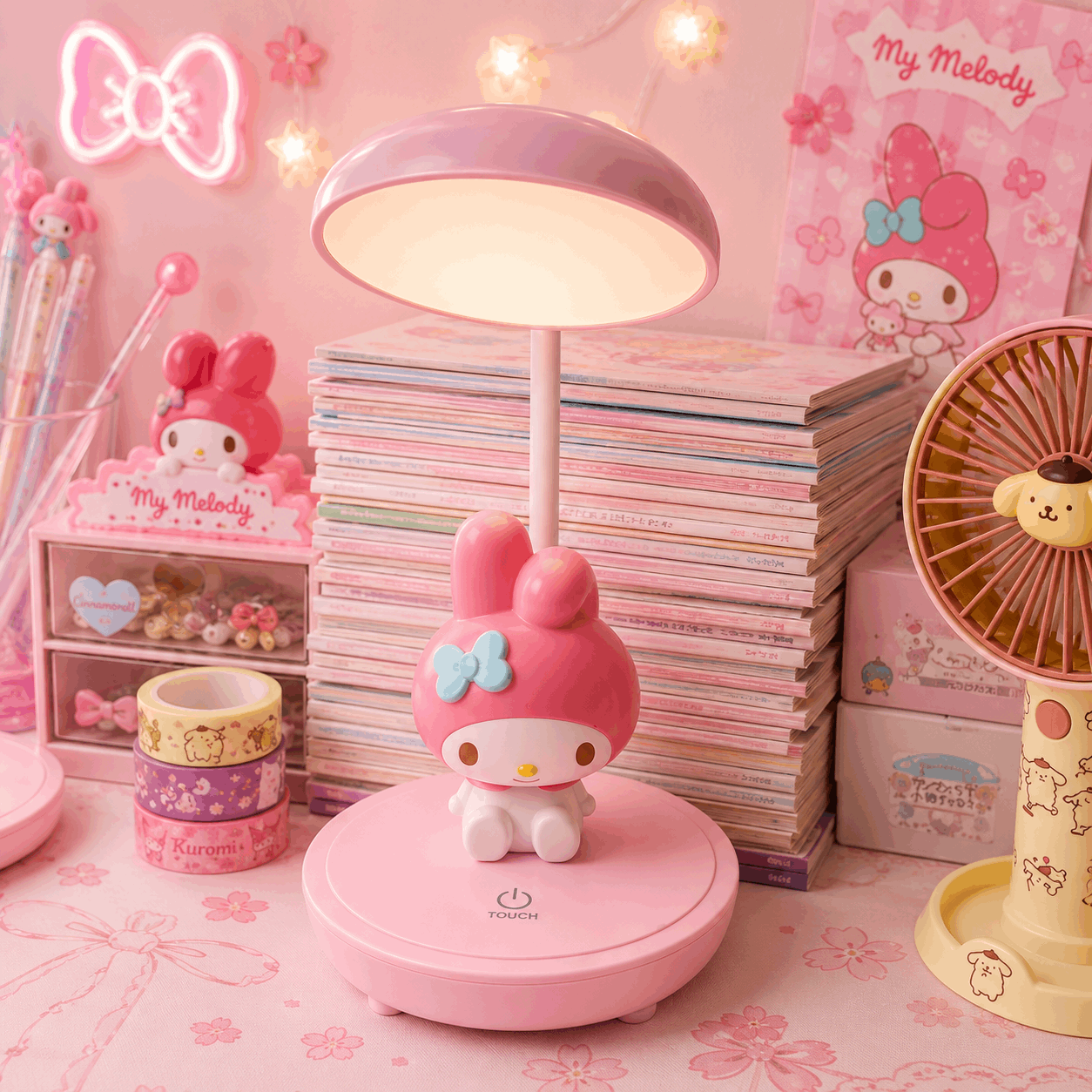 Pink cartoon-themed desk lamp on a desk with decorative items.