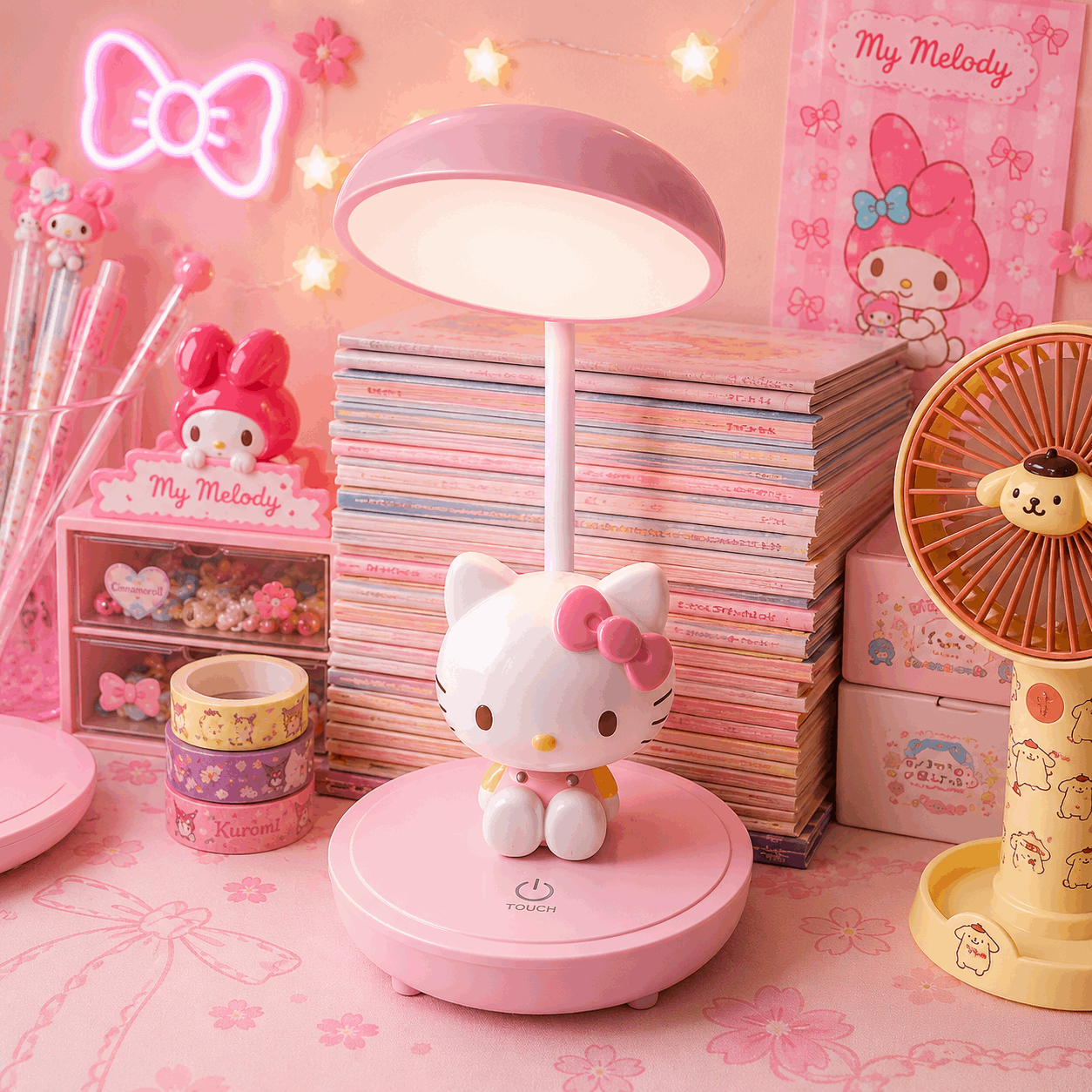 Pink cartoon-themed desk lamp on a decorative desk with books and stationery.