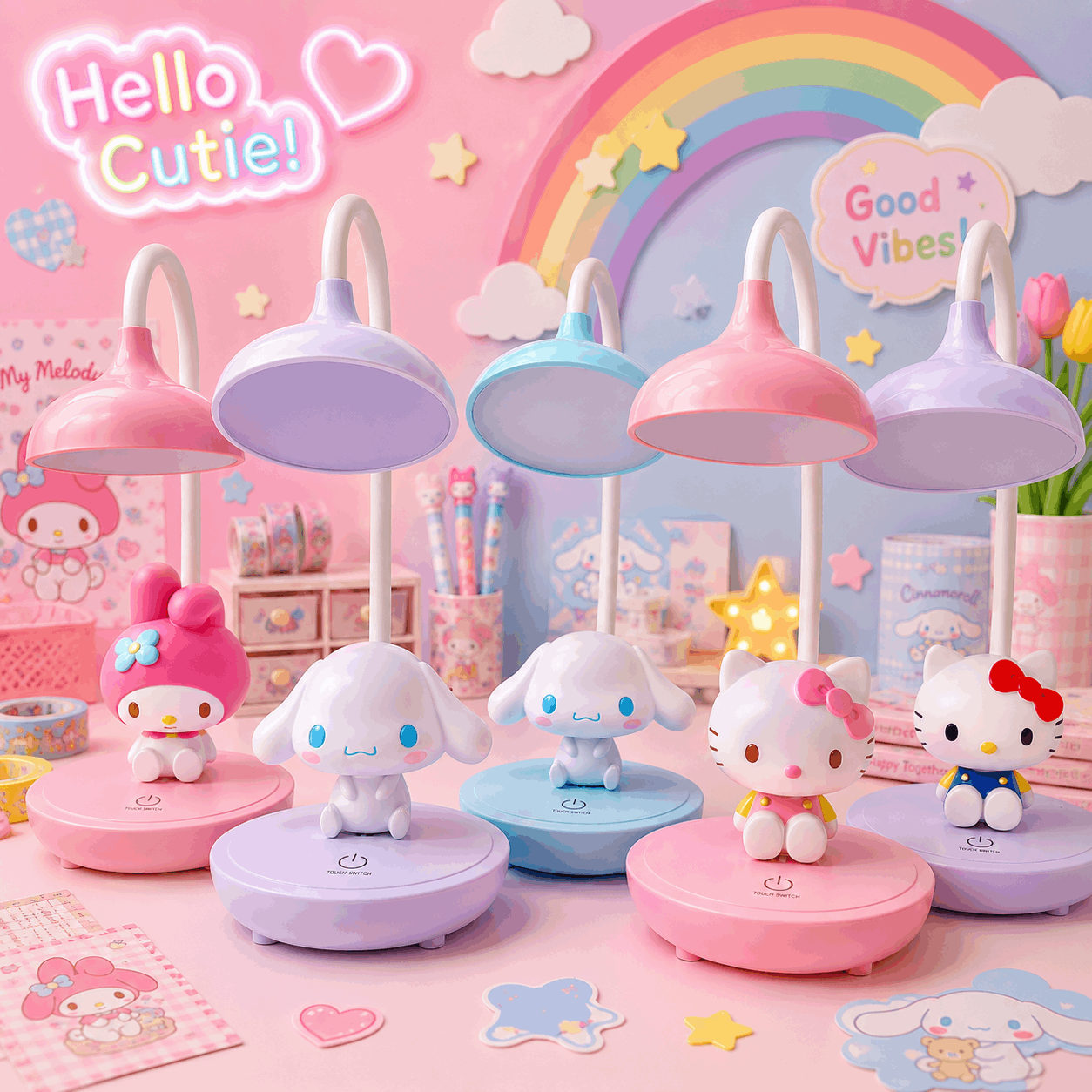 Set of colorful desk lamps with character figures on a pastel-themed background