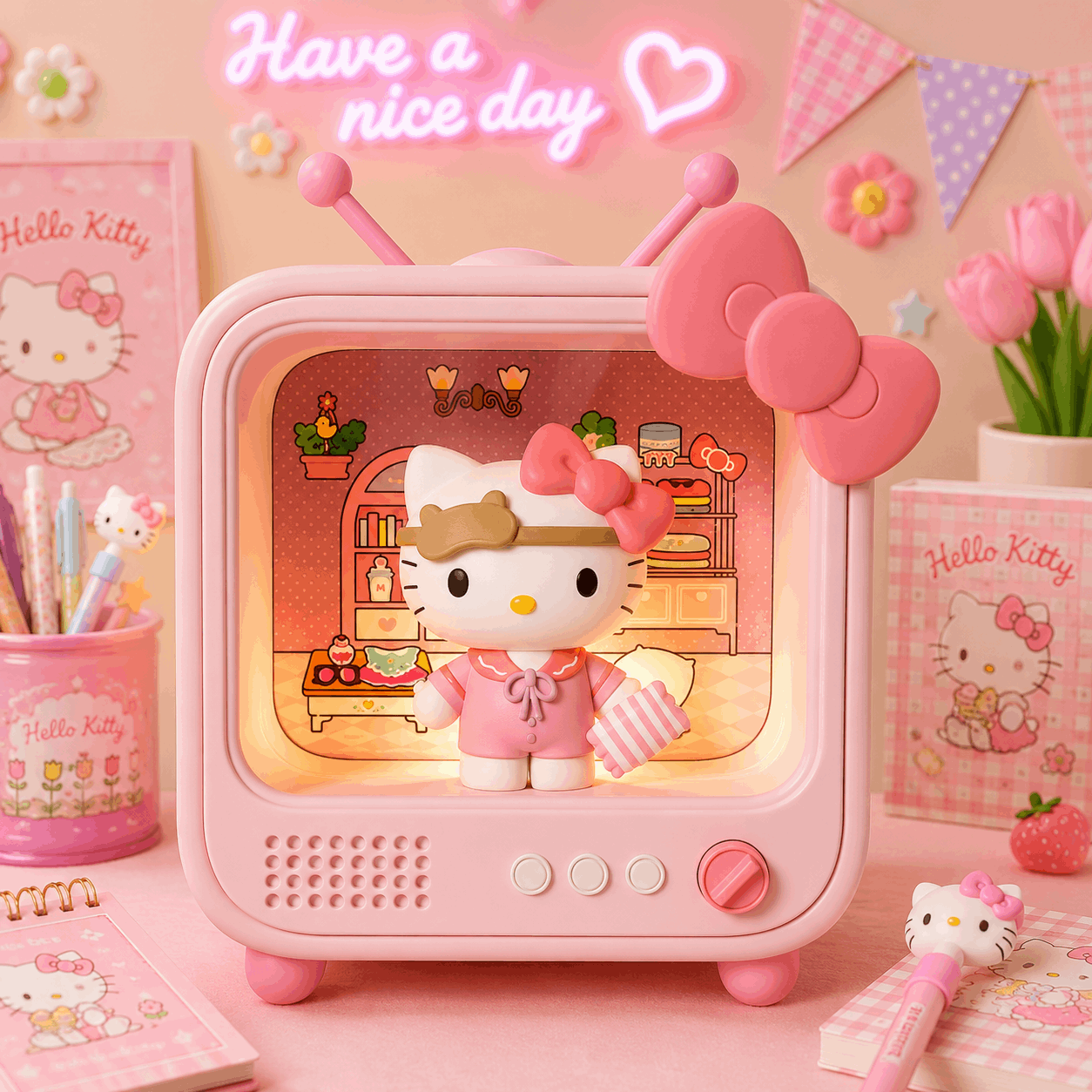 Pink Hello Kitty toy with a neon sign saying 'Have a nice day' on a pink background.