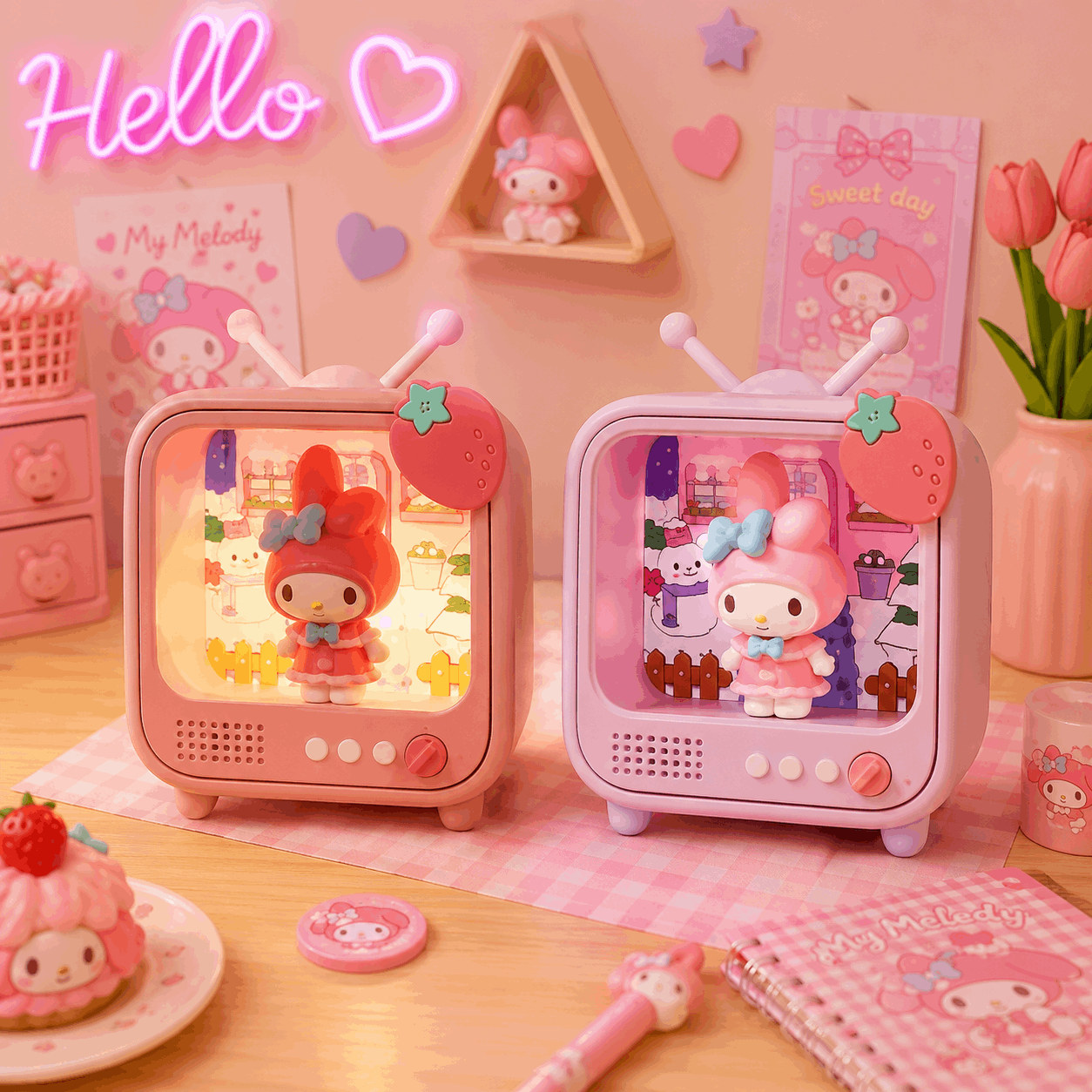 Two pink toy televisions with character displays on a decorative table.