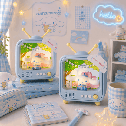 Cinnamoroll-themed decorative items including a small TV, notebook, and plush toy on a light background.