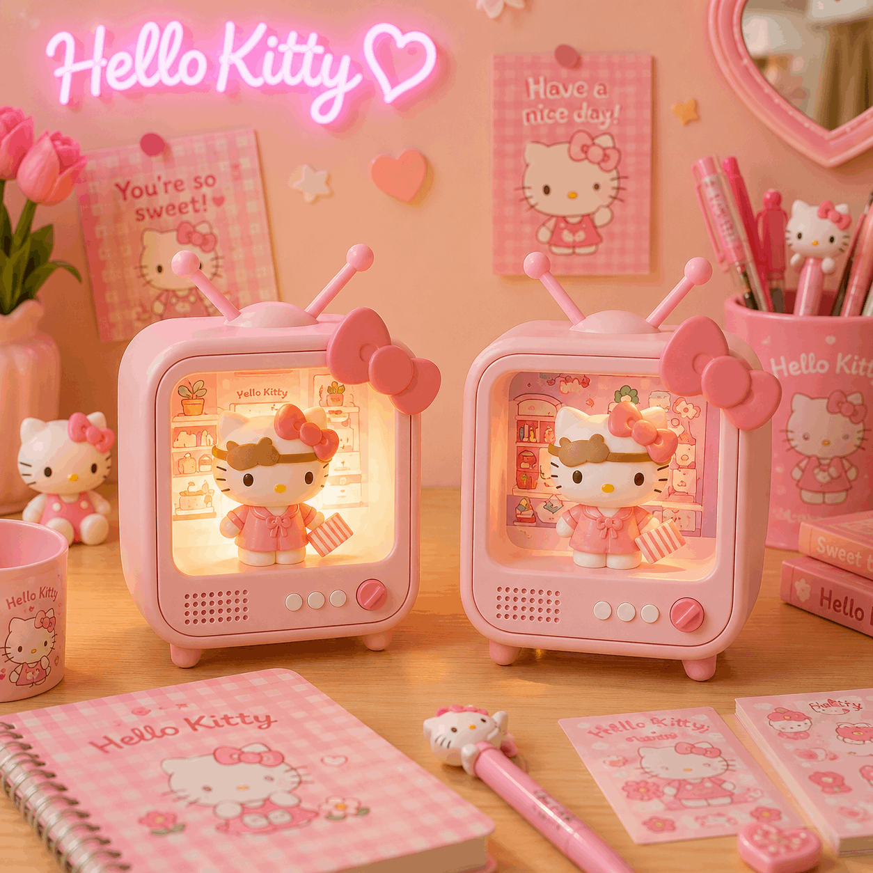 Hello Kitty-themed desk set with lamp, notebook, and stationery on a pink background